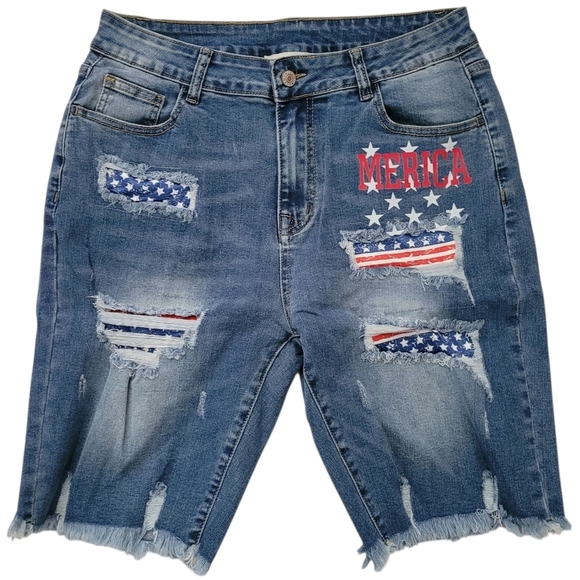 Light Blue Distressed Denim Bermuda Shorts Patriotic - Picture 5 of 10